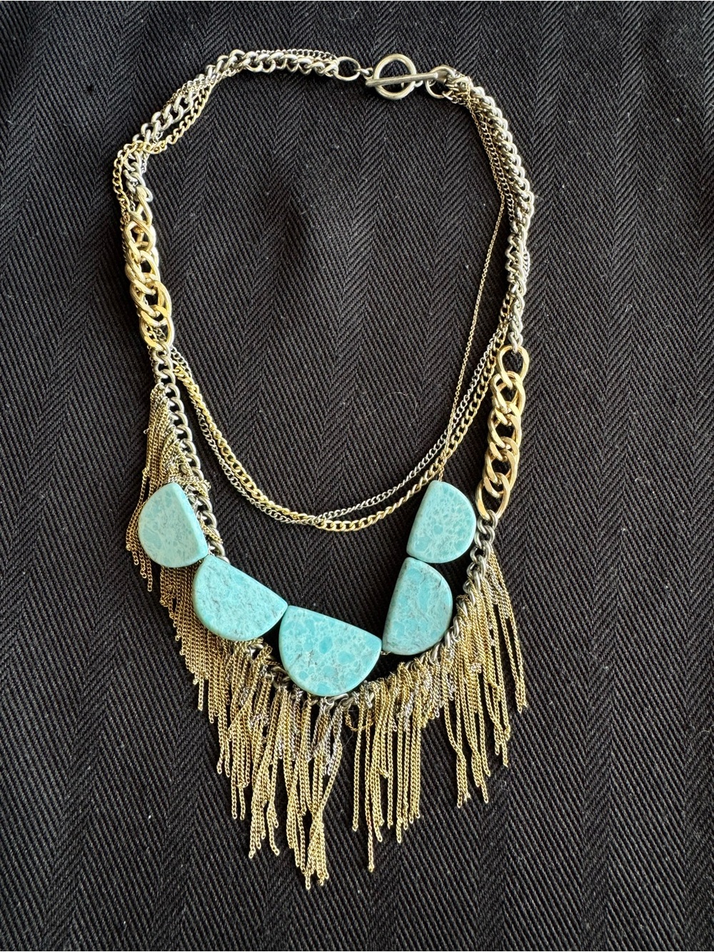 Banana Republic Turquoise Statement Fringe Necklace - Gold & Silver Tone